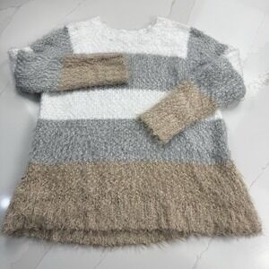 Macaron Eyelash Sweater Womens Medium Neutral Colorblock Cozy Soft Cabincore‎